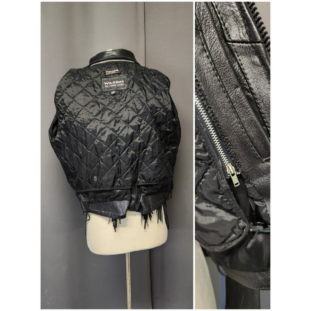 Vintage 90s Wilsons Leather Jacket Black Fringe Rose Floral Western Biker‎ Large - Picture 5 of 8